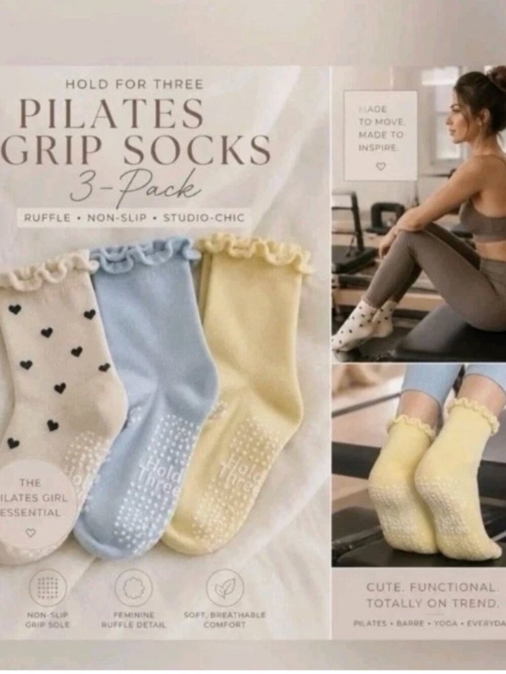 NEW Hold for Three – 3 Pack Ruffle Pilates Socks Hearts Yellow Blue Womens NWT